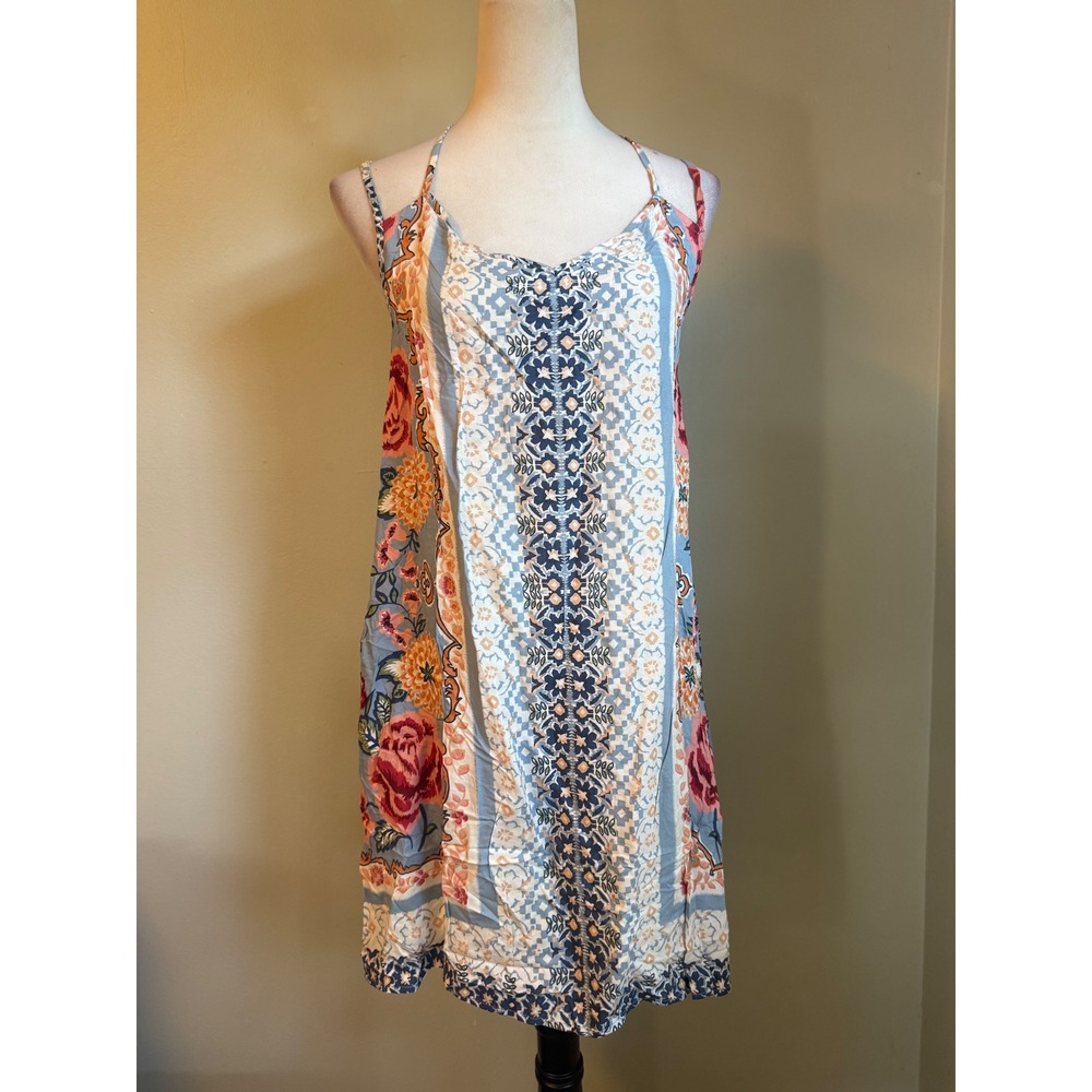 Angie Blue cottage fairy Y2K beach Floral Boho Mini sun Dress Large pink‎ dainty